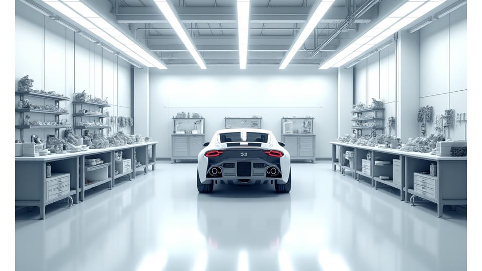 Clean and organized vehicle assembly area with specialized tools